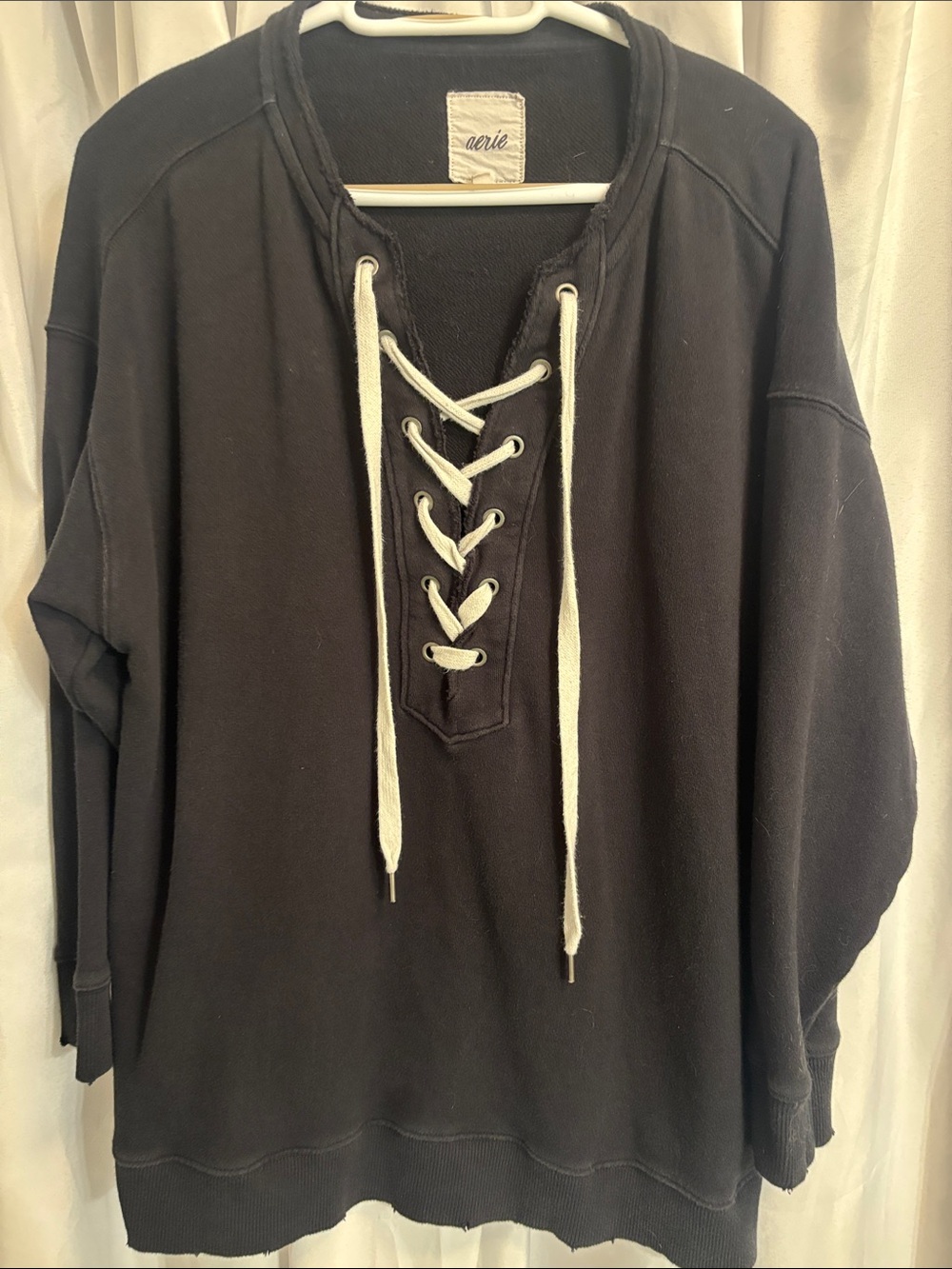 aerie Black V-Neck Lace-Up Pullover with White Drawcords